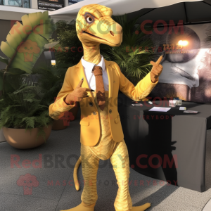 Gold Coelophysis mascot costume character dressed with a Dress Shirt and Hair clips