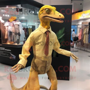 Gold Coelophysis mascot costume character dressed with a Dress Shirt and Hair clips