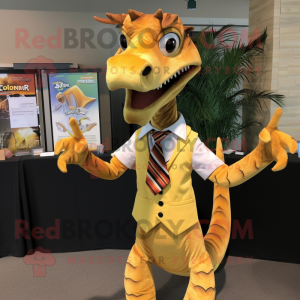 Gold Coelophysis mascot costume character dressed with a Dress Shirt and Hair clips