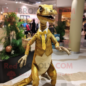 Gold Coelophysis mascot costume character dressed with a Dress Shirt and Hair clips