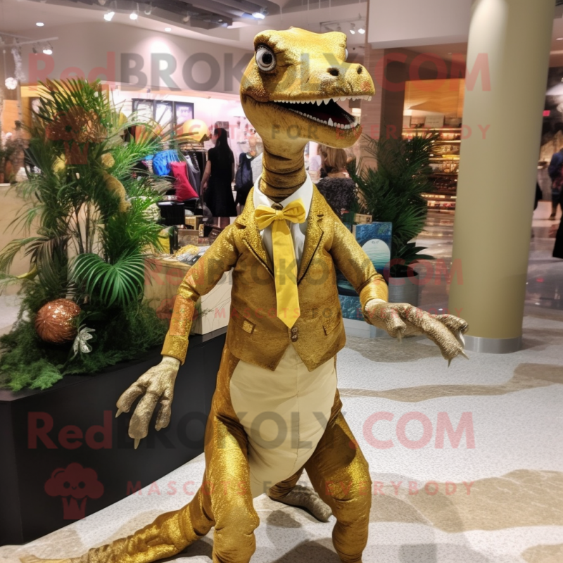 Gold Coelophysis mascot costume character dressed with a Dress Shirt and Hair clips