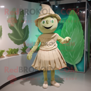 Tan Spinach mascot costume character dressed with a Pleated Skirt and Hats