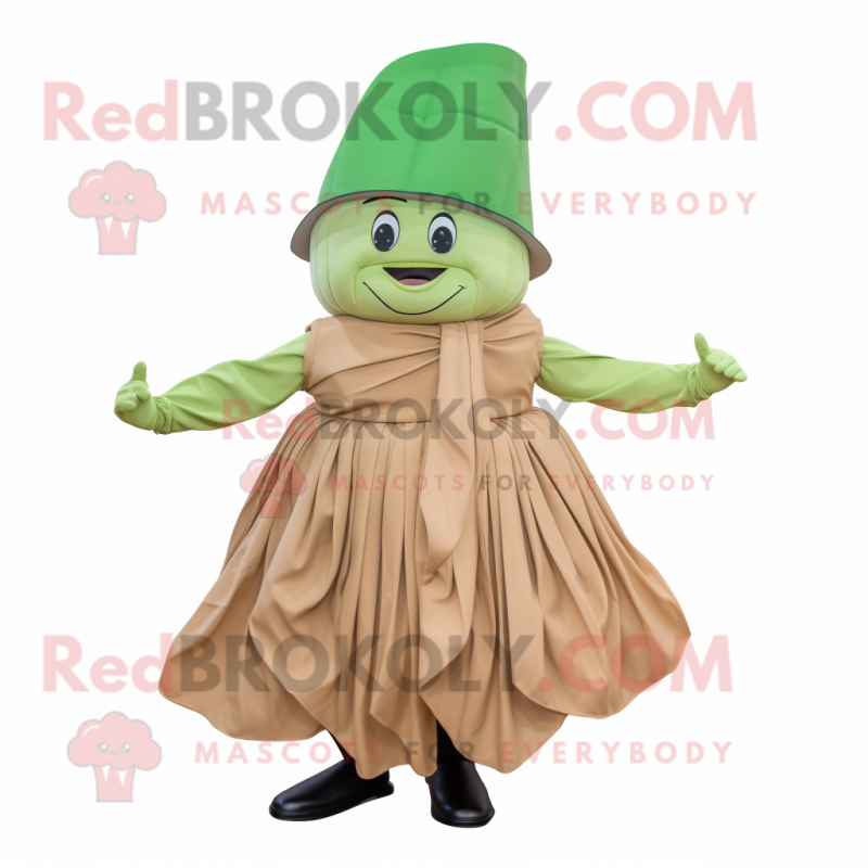 Tan Spinach mascot costume character dressed with a Pleated Skirt and Hats