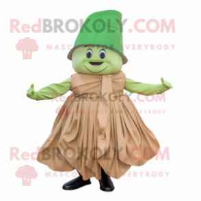 Tan Spinach mascot costume character dressed with a Pleated Skirt and Hats