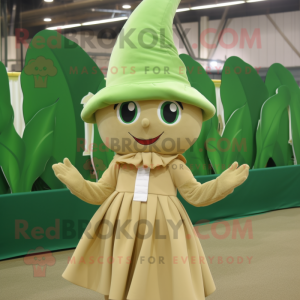 Tan Spinach mascot costume character dressed with a Pleated Skirt and Hats