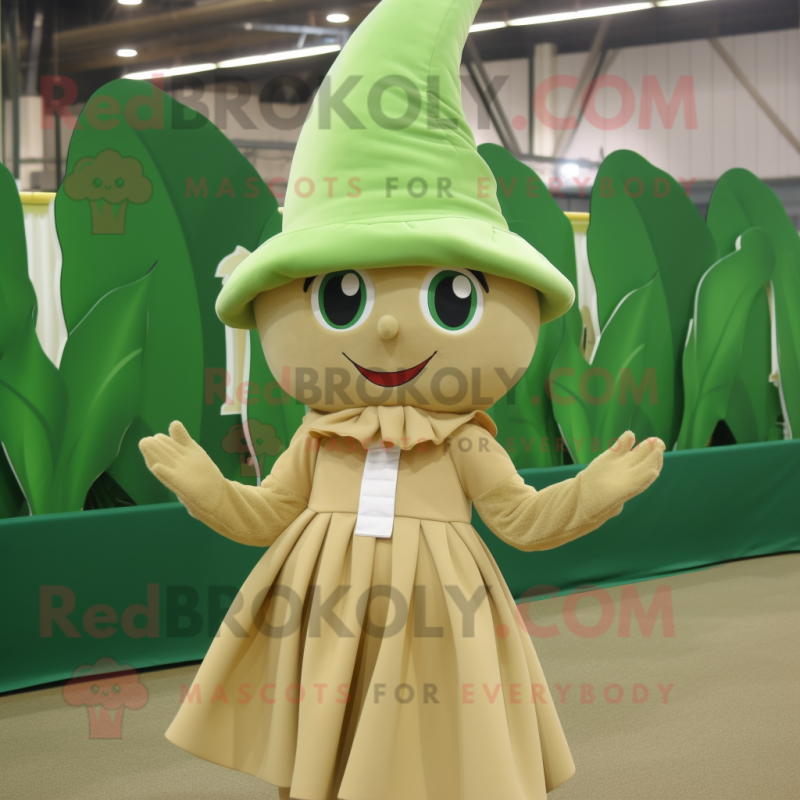 Tan Spinach mascot costume character dressed with a Pleated Skirt and Hats