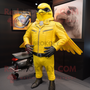 Yellow Blackbird mascot costume character dressed with a Moto Jacket and Clutch bags