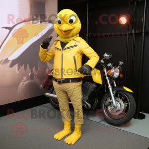 Yellow Blackbird mascot costume character dressed with a Moto Jacket and Clutch bags