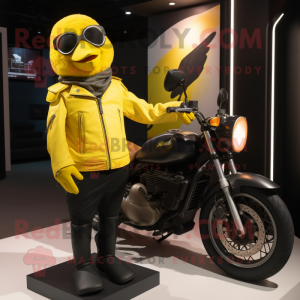 Yellow Blackbird mascot costume character dressed with a Moto Jacket and Clutch bags