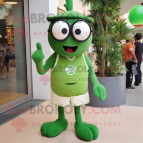 Olive Aglet mascot costume character dressed with a Shorts and Eyeglasses