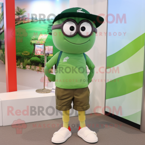 Olive Aglet mascot costume character dressed with a Shorts and Eyeglasses