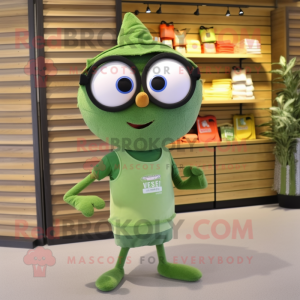 Olive Aglet mascot costume character dressed with a Shorts and Eyeglasses