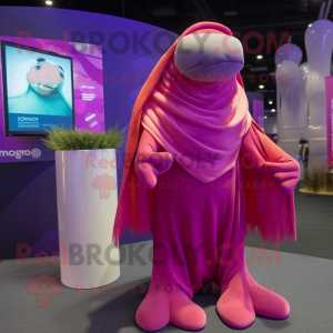 Magenta Walrus mascot costume character dressed with a Wrap Skirt and Scarf clips