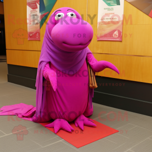 Magenta Walrus mascot costume character dressed with a Wrap Skirt and Scarf clips