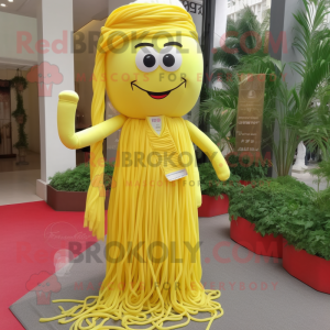 Lemon Yellow Pad Thai mascot costume character dressed with a Sheath Dress and Tie pins