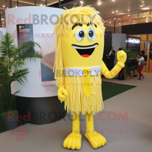 Lemon Yellow Pad Thai mascot costume character dressed with a Sheath Dress and Tie pins