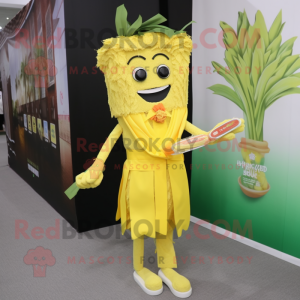 Lemon Yellow Pad Thai mascot costume character dressed with a Sheath Dress and Tie pins