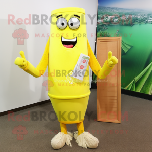 Lemon Yellow Pad Thai mascot costume character dressed with a Sheath Dress and Tie pins