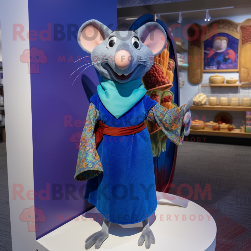 Blue Ratatouille mascot costume character dressed with a Sheath Dress and Shawls