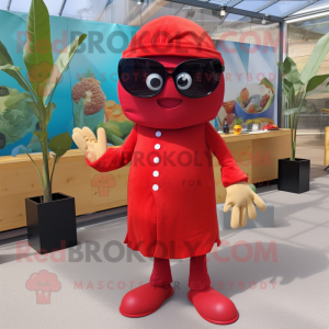 Red Ceviche mascot costume character dressed with a Culottes and Sunglasses