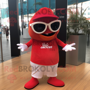 Red Ceviche mascot costume character dressed with a Culottes and Sunglasses