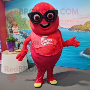 Red Ceviche mascot costume character dressed with a Culottes and Sunglasses