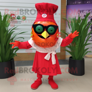 Red Ceviche mascot costume character dressed with a Culottes and Sunglasses