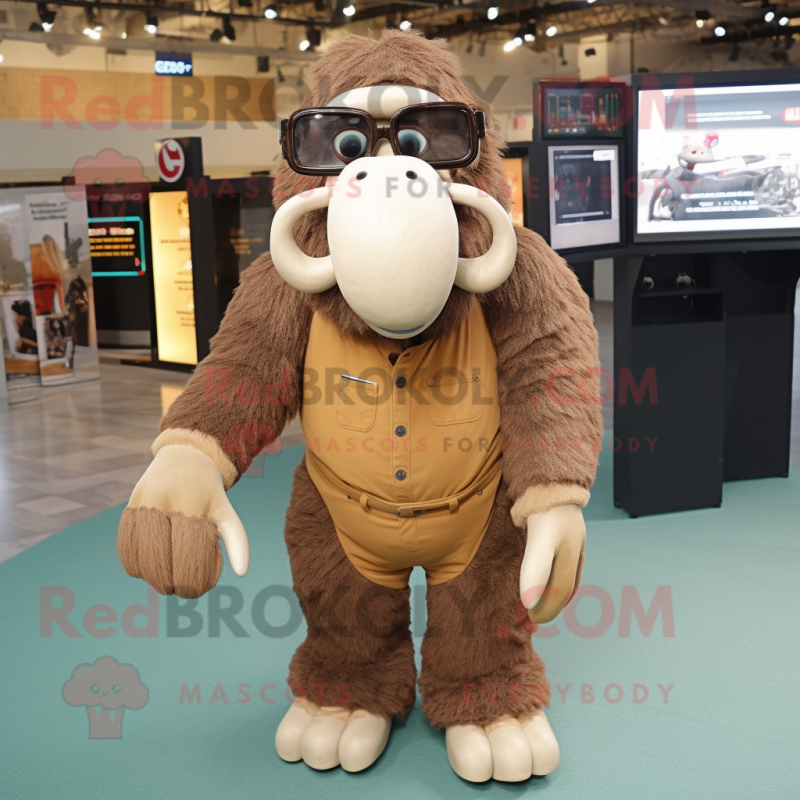 Brown Mammoth mascot costume character dressed with a Overalls and Eyeglasses Brown Mammoth mascot costume character dressed with a Overalls and Eyeglasses