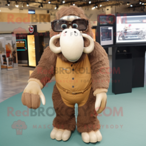 Brown Mammoth mascot costume character dressed with a Overalls and Eyeglasses
