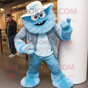 Sky Blue Yeti mascot costume character dressed with a Boyfriend Jeans and Hats