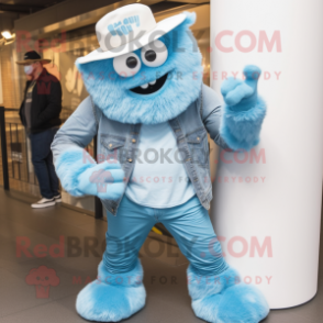 Sky Blue Yeti mascot costume character dressed with a Boyfriend Jeans and Hats