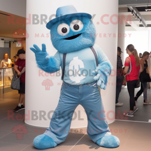 Sky Blue Yeti mascot costume character dressed with a Boyfriend Jeans and Hats