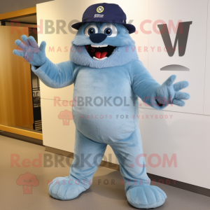 Sky Blue Yeti mascot costume character dressed with a Boyfriend Jeans and Hats