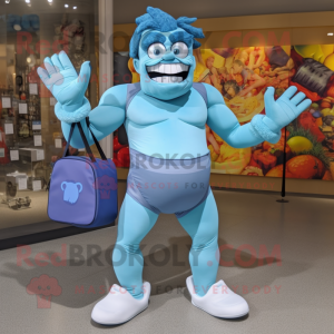 Sky Blue Frankenstein mascot costume character dressed with a Yoga Pants and Clutch bags