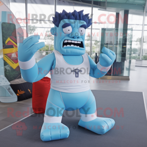 Sky Blue Frankenstein mascot costume character dressed with a Yoga Pants and Clutch bags