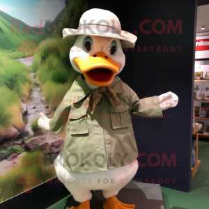 Olive Geese mascot costume character dressed with a Poplin Shirt and Hat pins