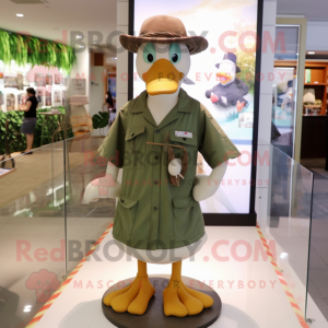 Olive Geese mascot costume character dressed with a Poplin Shirt and Hat pins