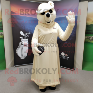 Cream Golf Bag mascot costume character dressed with a Empire Waist Dress and Gloves