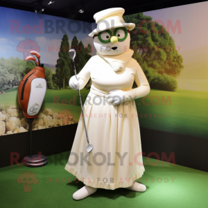 Cream Golf Bag mascot costume character dressed with a Empire Waist Dress and Gloves