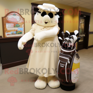Cream Golf Bag mascot costume character dressed with a Empire Waist Dress and Gloves