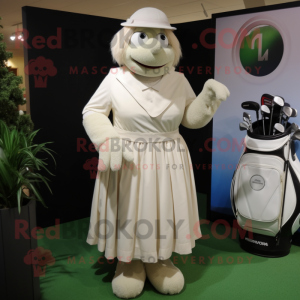 Cream Golf Bag mascot costume character dressed with a Empire Waist Dress and Gloves