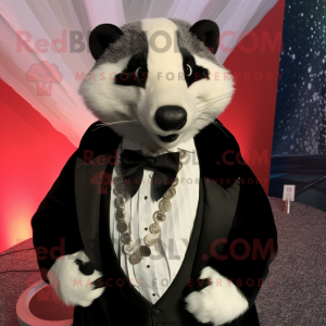 White Badger mascot costume character dressed with a Tuxedo and Necklaces