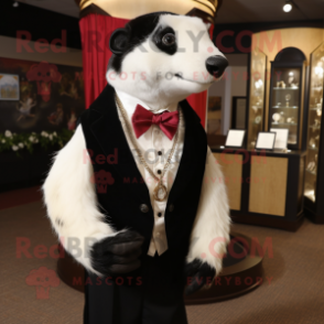 White Badger mascot costume character dressed with a Tuxedo and Necklaces