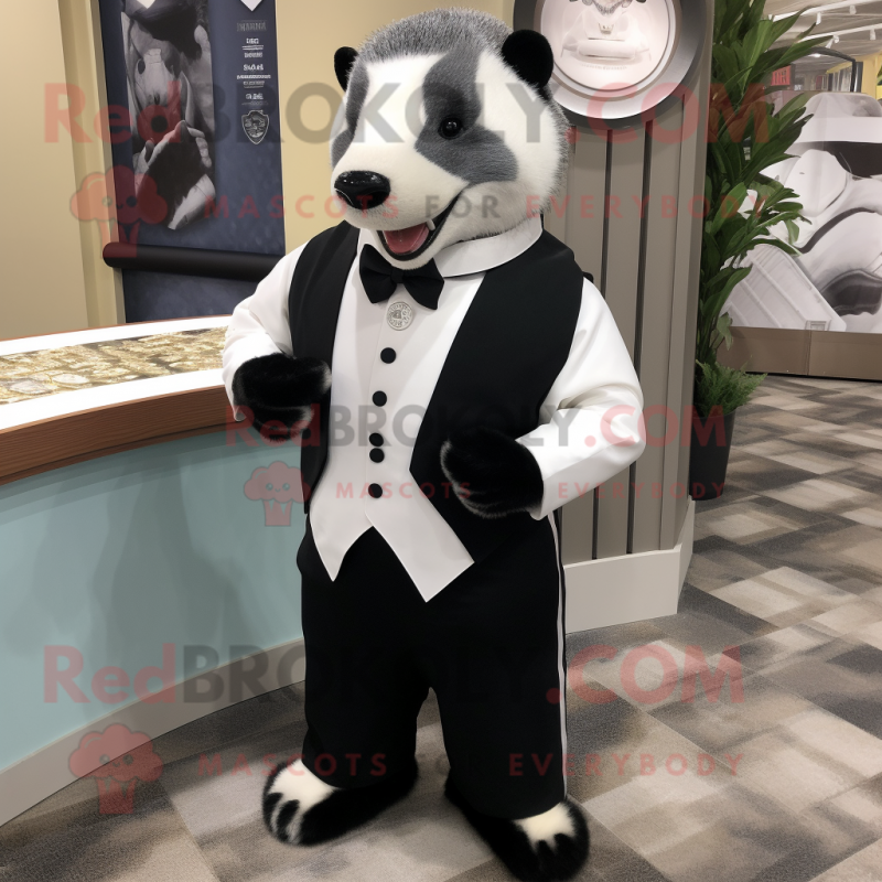 White Badger mascot costume character dressed with a Tuxedo and Necklaces