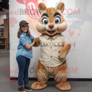 Beige Squirrel mascot costume character dressed with a Mom Jeans and Eyeglasses