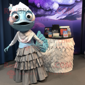 Silver Betta Fish mascot costume character dressed with a Maxi Skirt and Coin purses