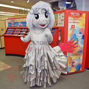 Silver Betta Fish mascot costume character dressed with a Maxi Skirt and Coin purses