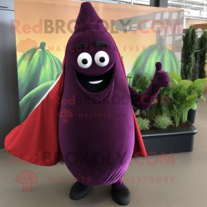 Maroon Eggplant mascot costume character dressed with a Flare Jeans and Wraps