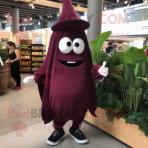 Maroon Eggplant mascot costume character dressed with a Flare Jeans and Wraps