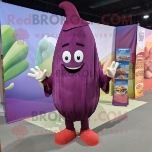 Maroon Eggplant mascot costume character dressed with a Flare Jeans and Wraps